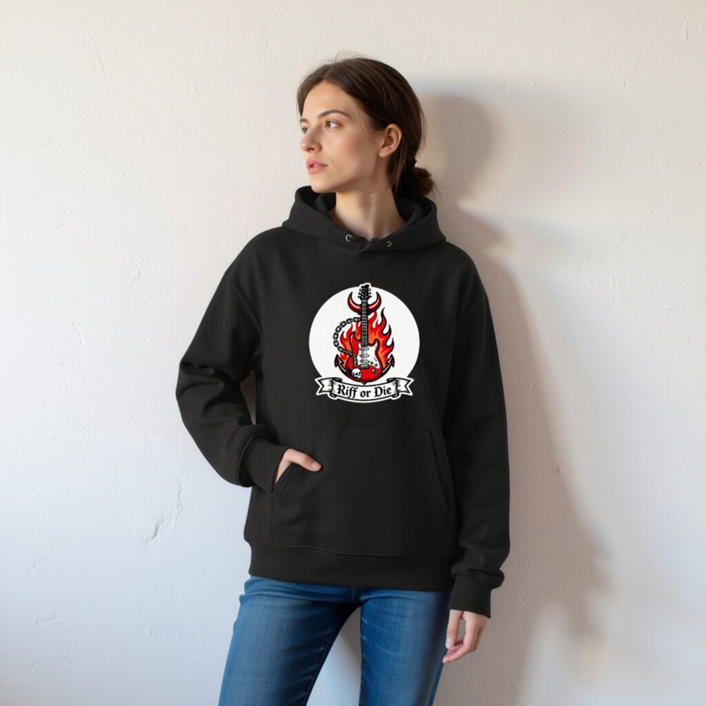 Unisex Eco Hoodie - Riff or Die Guitar Flame Design - Image 6