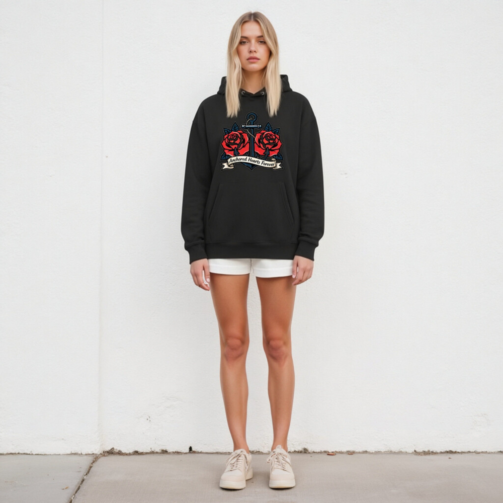 Anchored Hearts Forever Hoodie | Unisex Eco-Friendly Sweatshirt with Nautical Rose Tattoo Design - Image 4