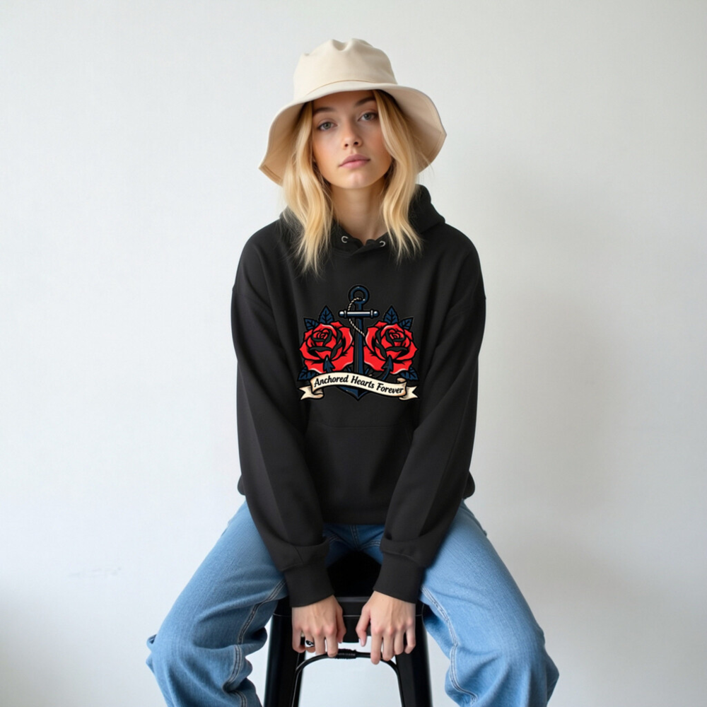 Anchored Hearts Forever Hoodie | Unisex Eco-Friendly Sweatshirt with Nautical Rose Tattoo Design - Image 5