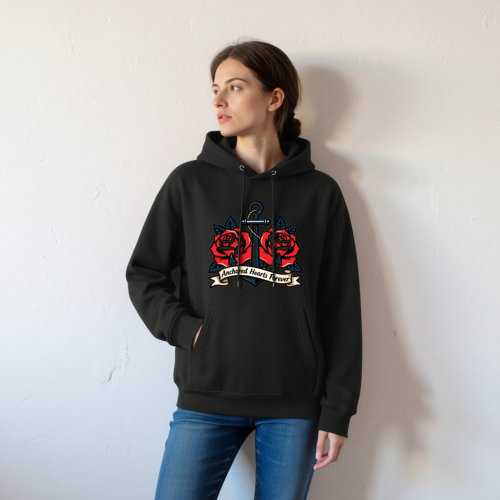 Anchored Hearts Forever Hoodie | Unisex Eco-Friendly Sweatshirt with Nautical Rose Tattoo Design - Image 6