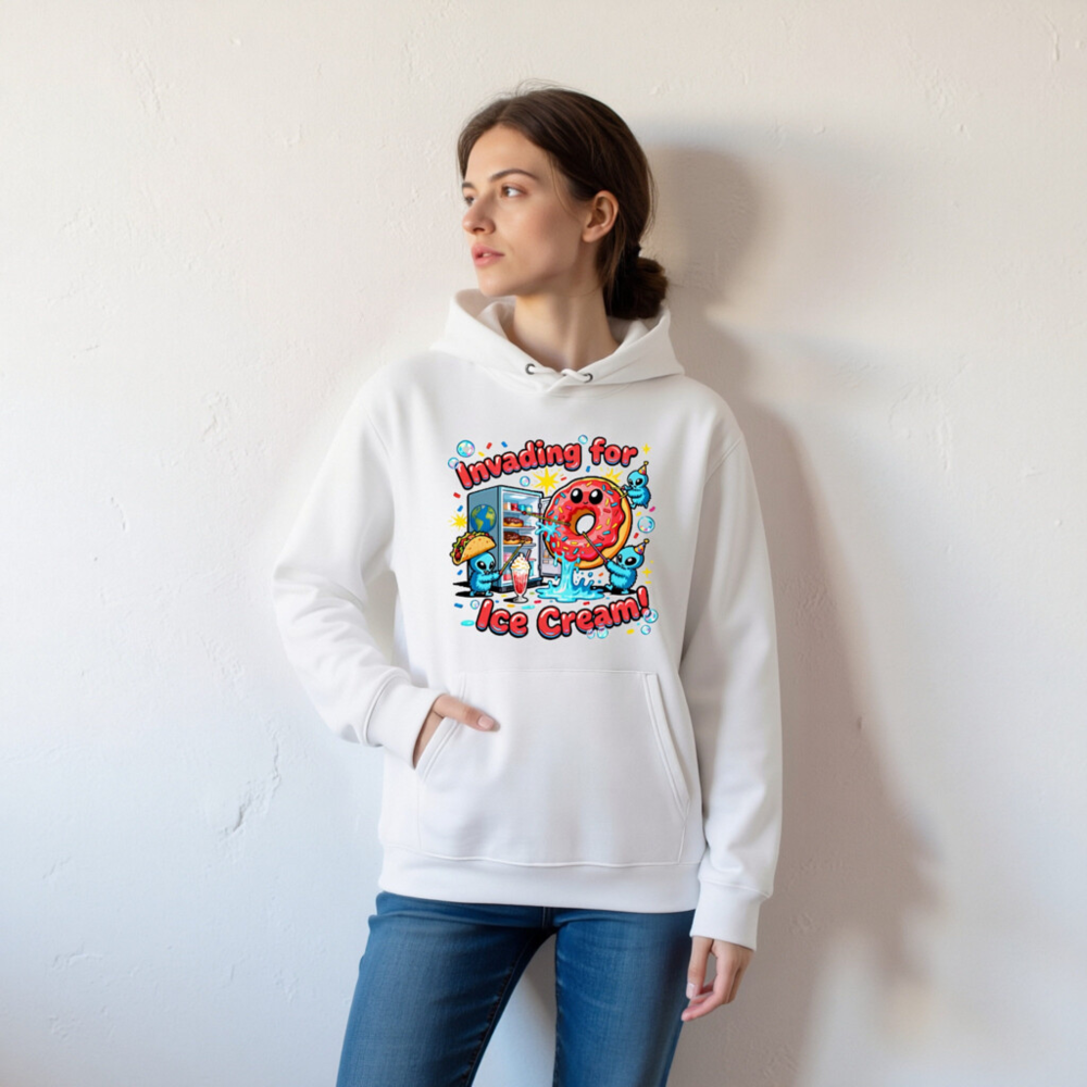 Unisex Eco Hoodie - 'Invading for Ice Cream' Donut & Alien Graphic Sweatshirt - Image 5