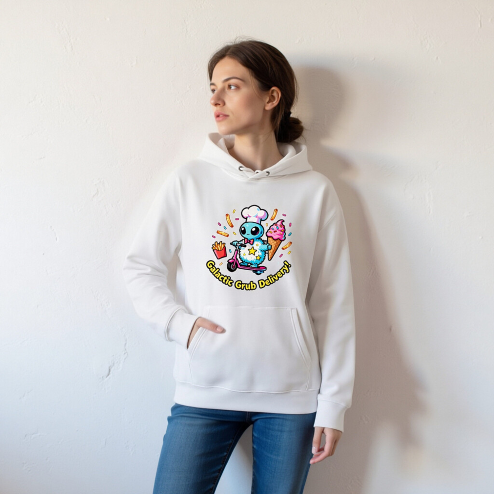 Unisex Eco Hoodie | Galactic Grub Delivery! Chef Alien Scooter Design - Image 5