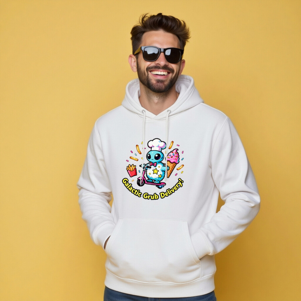 Unisex Eco Hoodie | Galactic Grub Delivery! Chef Alien Scooter Design - Image 7