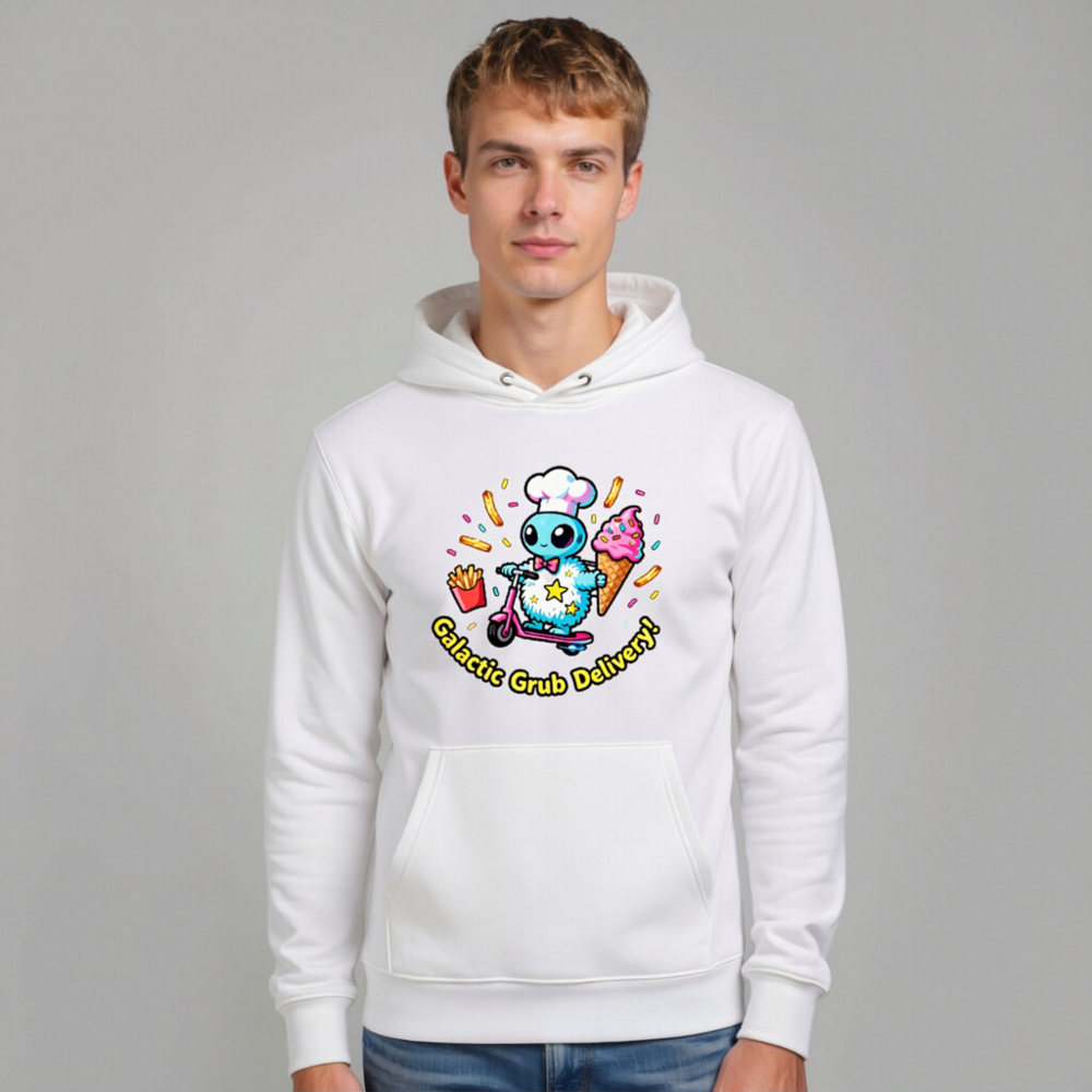 Unisex Eco Hoodie | Galactic Grub Delivery! Chef Alien Scooter Design - Image 10