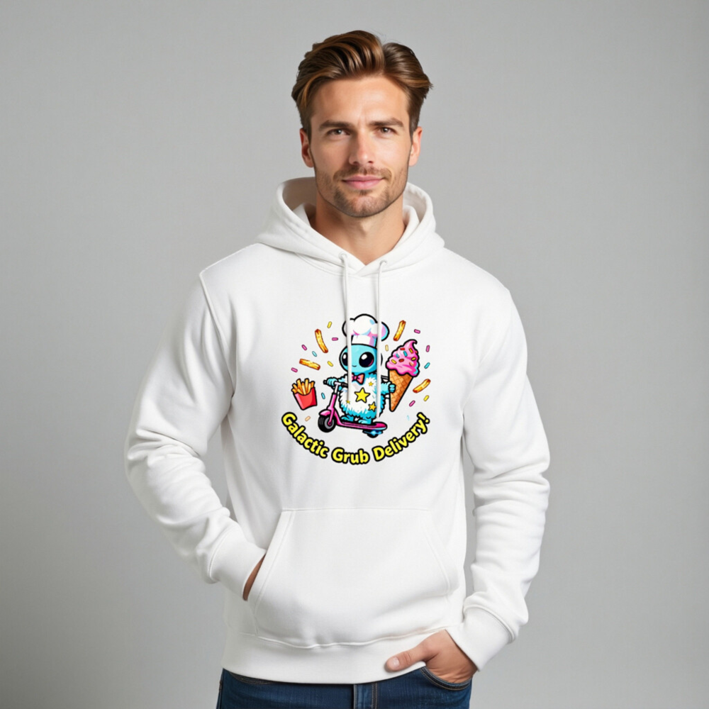 Unisex Eco Hoodie | Galactic Grub Delivery! Chef Alien Scooter Design - Image 11