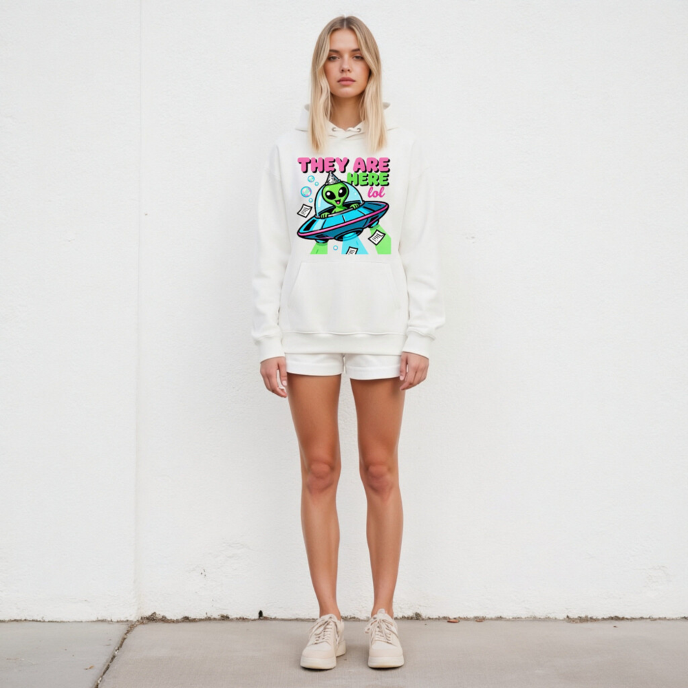 Unisex Eco Hoodie - Alien UFO Party Design, They Are Here lol - Image 4