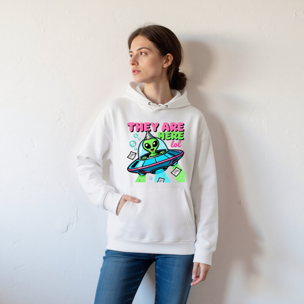 Unisex Eco Hoodie - Alien UFO Party Design, They Are Here lol - Image 5