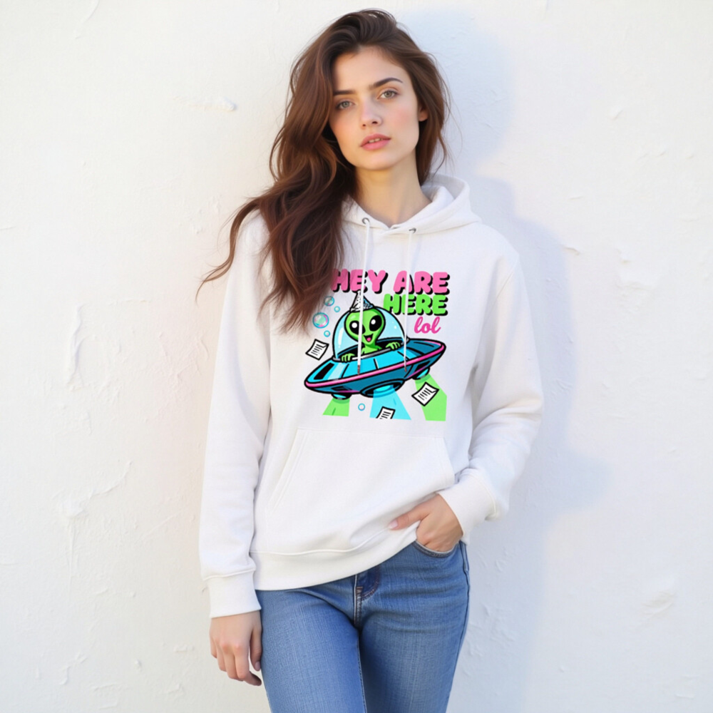 Unisex Eco Hoodie - Alien UFO Party Design, They Are Here lol - Image 9