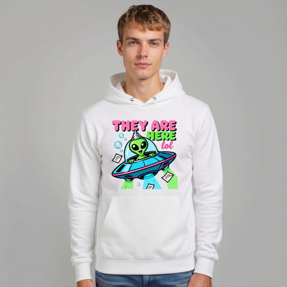 Unisex Eco Hoodie - Alien UFO Party Design, They Are Here lol - Image 10