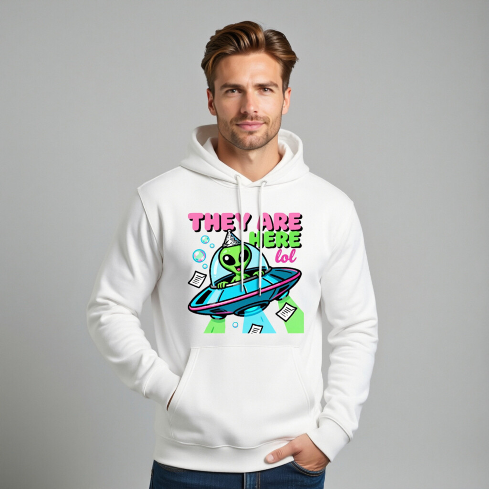 Unisex Eco Hoodie - Alien UFO Party Design, They Are Here lol - Image 11