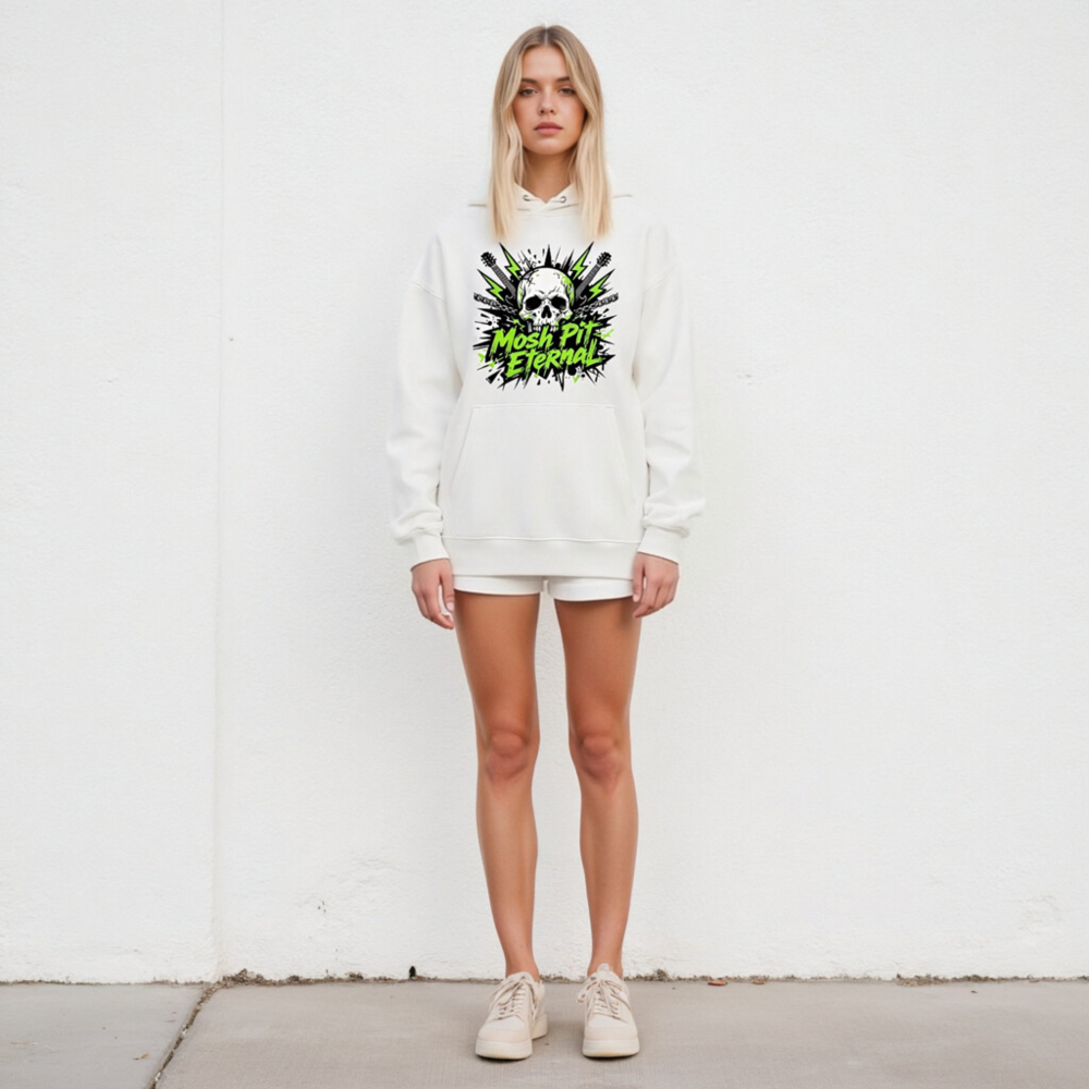 Mosh Pit Eternal Unisex Eco Hoodie - White Essential Sweatshirt with Skull & Guitar Graphic - Image 4
