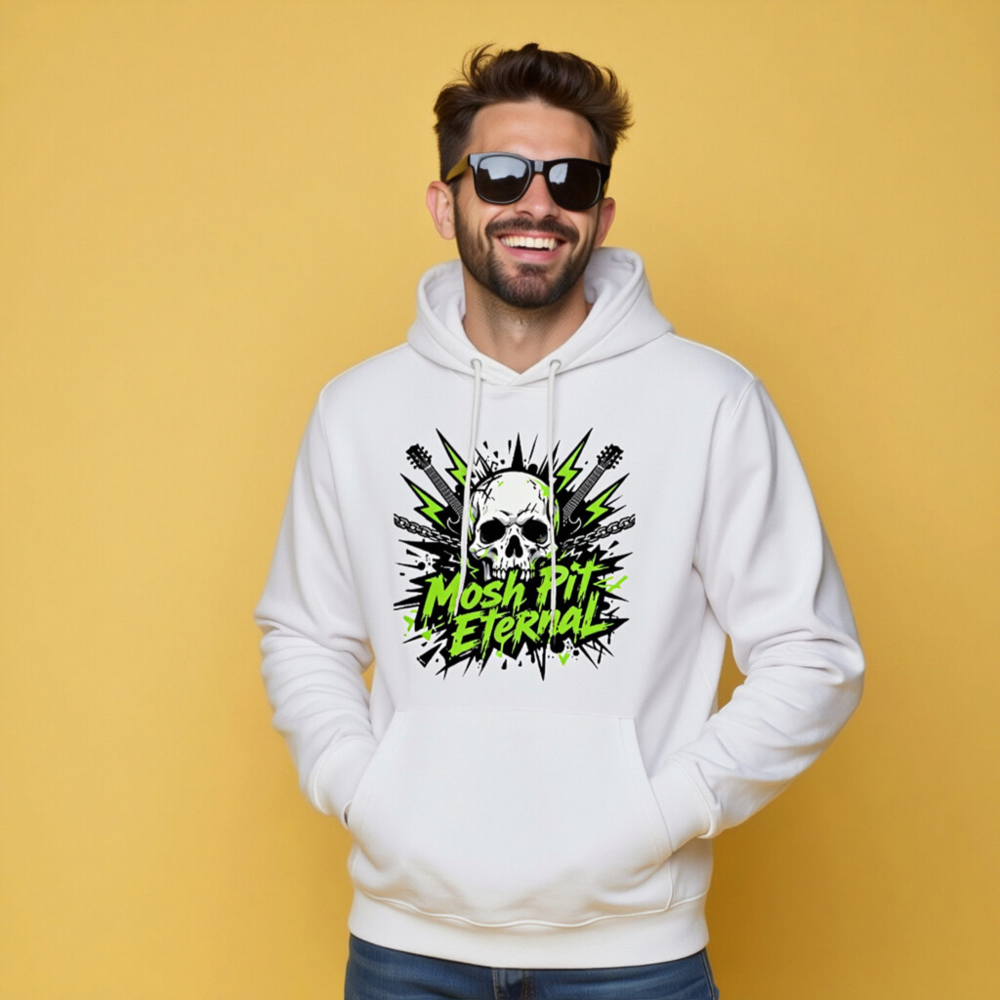 Mosh Pit Eternal Unisex Eco Hoodie - White Essential Sweatshirt with Skull & Guitar Graphic - Image 7