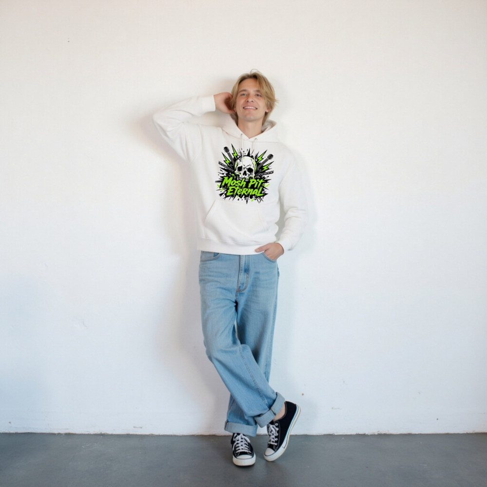 Mosh Pit Eternal Unisex Eco Hoodie - White Essential Sweatshirt with Skull & Guitar Graphic - Image 8