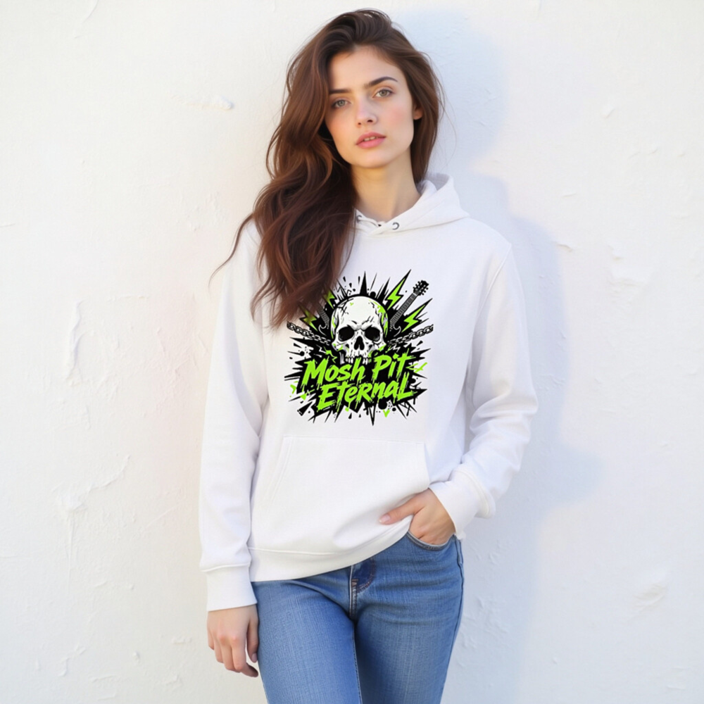 Mosh Pit Eternal Unisex Eco Hoodie - White Essential Sweatshirt with Skull & Guitar Graphic - Image 9
