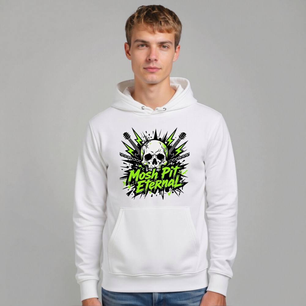 Mosh Pit Eternal Unisex Eco Hoodie - White Essential Sweatshirt with Skull & Guitar Graphic - Image 10