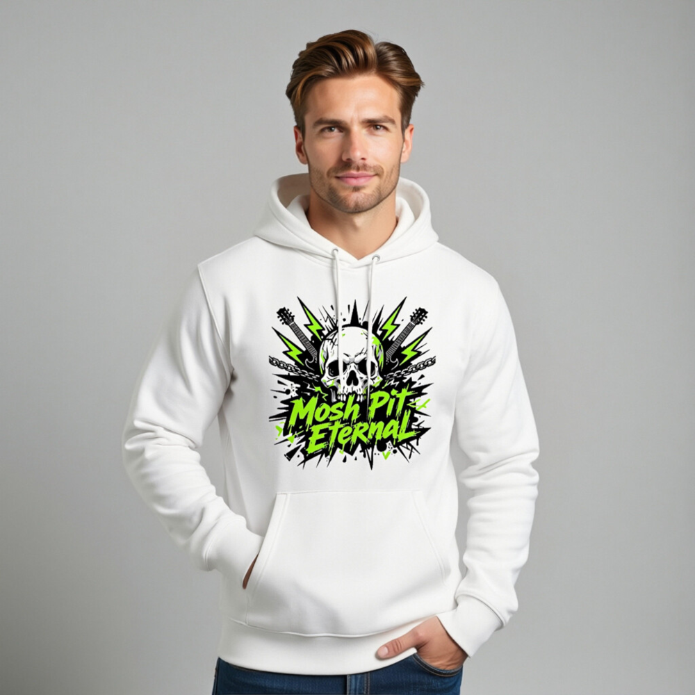 Mosh Pit Eternal Unisex Eco Hoodie - White Essential Sweatshirt with Skull & Guitar Graphic - Image 11
