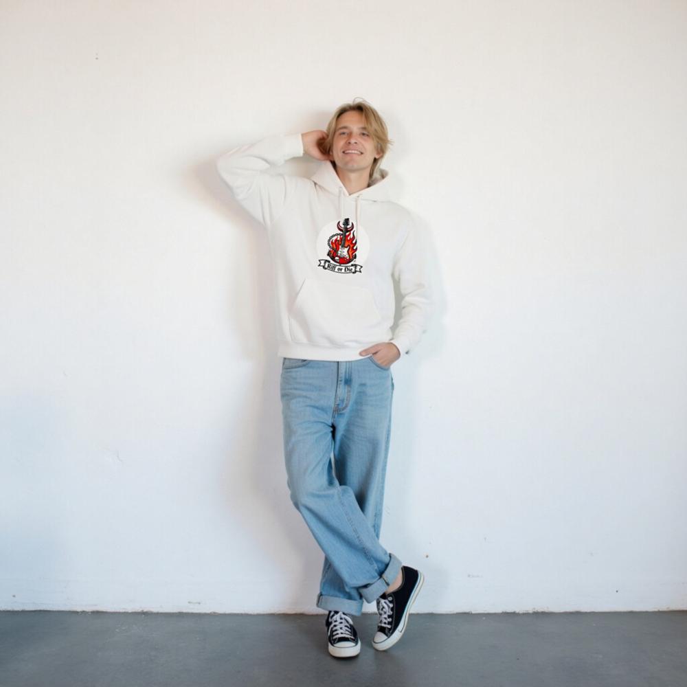 Unisex Eco Hoodie - Riff or Die Guitar Flame Design, Sustainable Soft Sweatshirt - Image 8