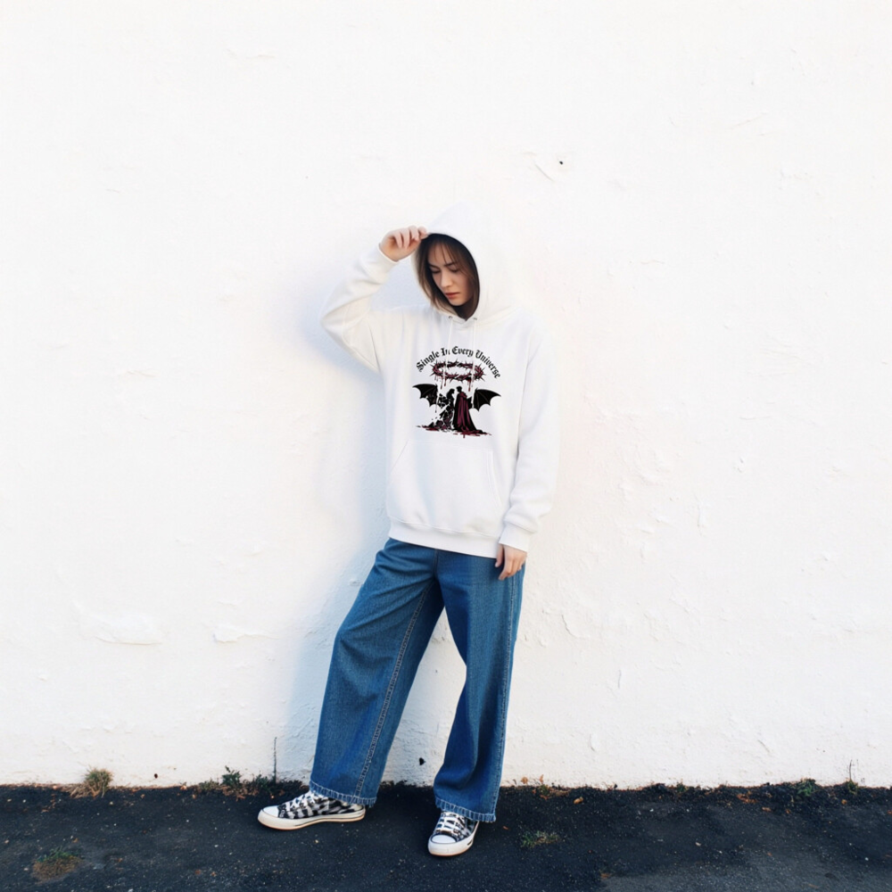 Unisex Eco Hoodie - Single In Every Universe, Gothic Angel & Devil Design - Image 2