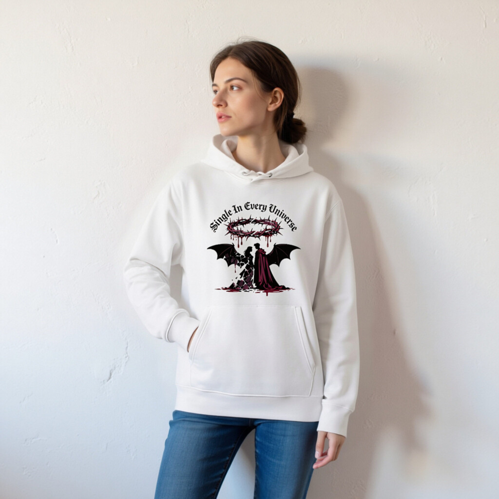 Unisex Eco Hoodie - Single In Every Universe, Gothic Angel & Devil Design - Image 5