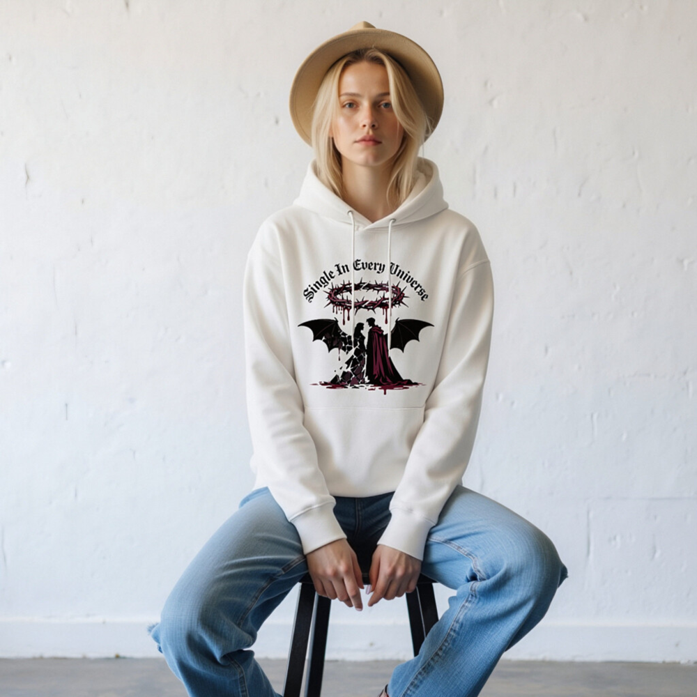 Unisex Eco Hoodie - Single In Every Universe, Gothic Angel & Devil Design - Image 6