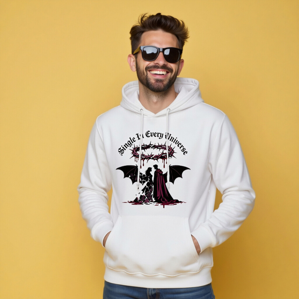 Unisex Eco Hoodie - Single In Every Universe, Gothic Angel & Devil Design - Image 7