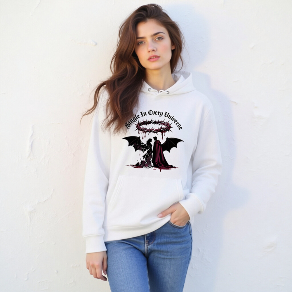 Unisex Eco Hoodie - Single In Every Universe, Gothic Angel & Devil Design - Image 9