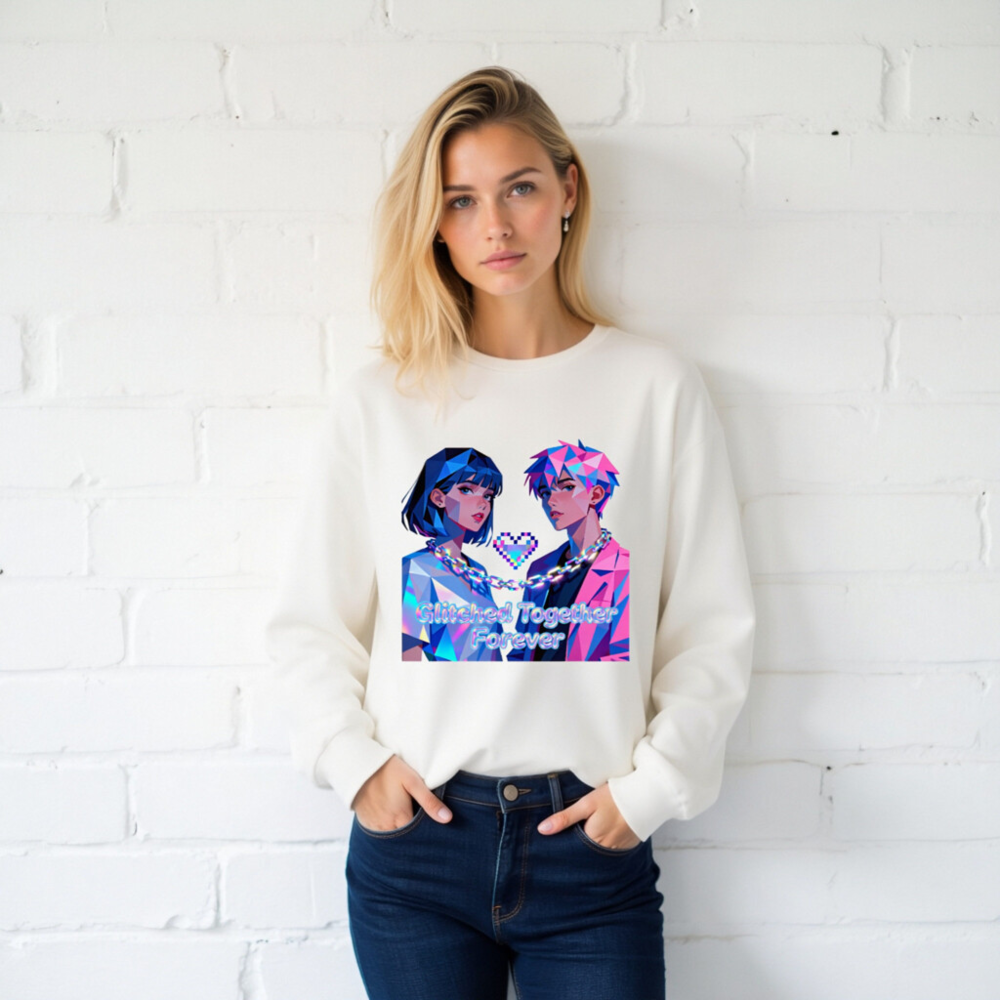Glitched Together Forever Unisex Long Sleeve Tee - Pixel Art Couple Design - Image 2