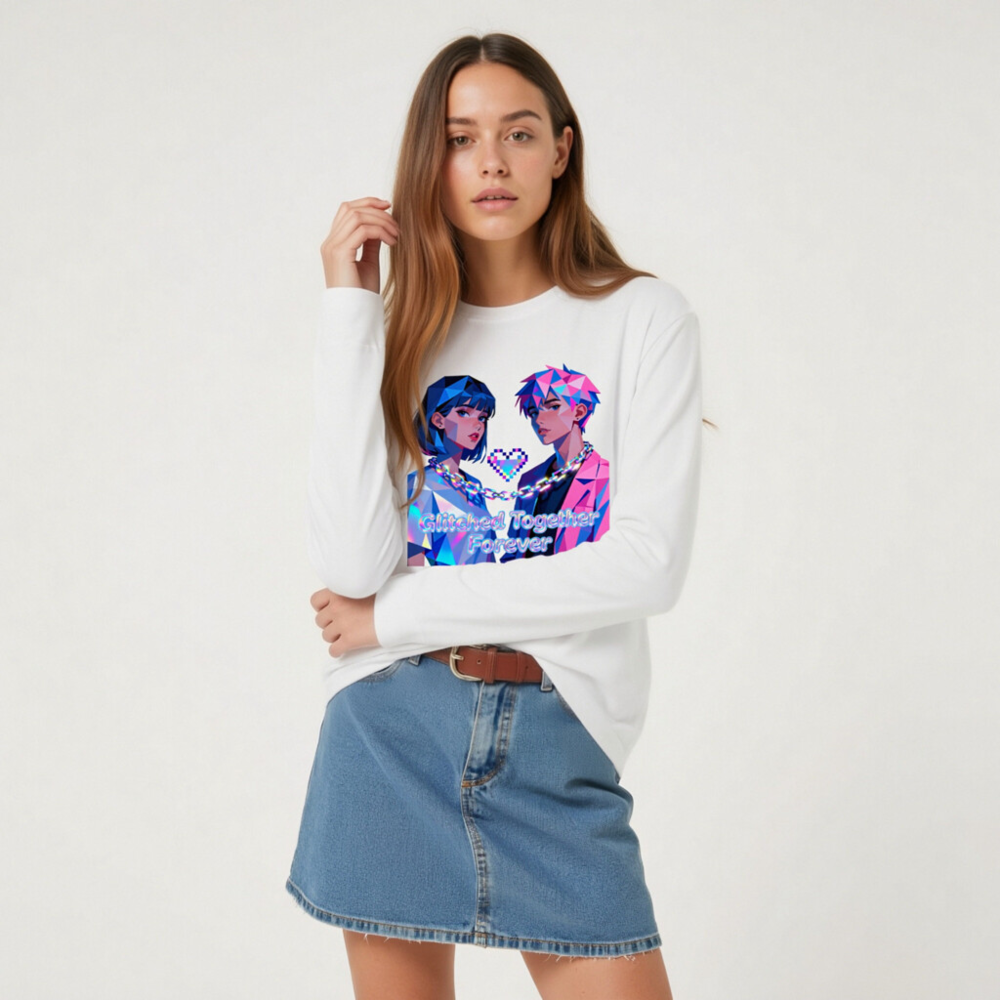 Glitched Together Forever Unisex Long Sleeve Tee - Pixel Art Couple Design - Image 8