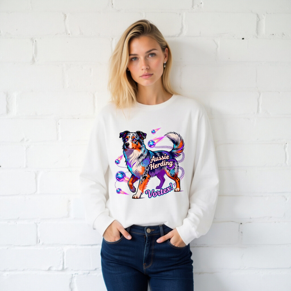 Aussie Herding Vortex! Unisex Long Sleeve Tee - Colorful Australian Shepherd Dog Graphic - Image 2