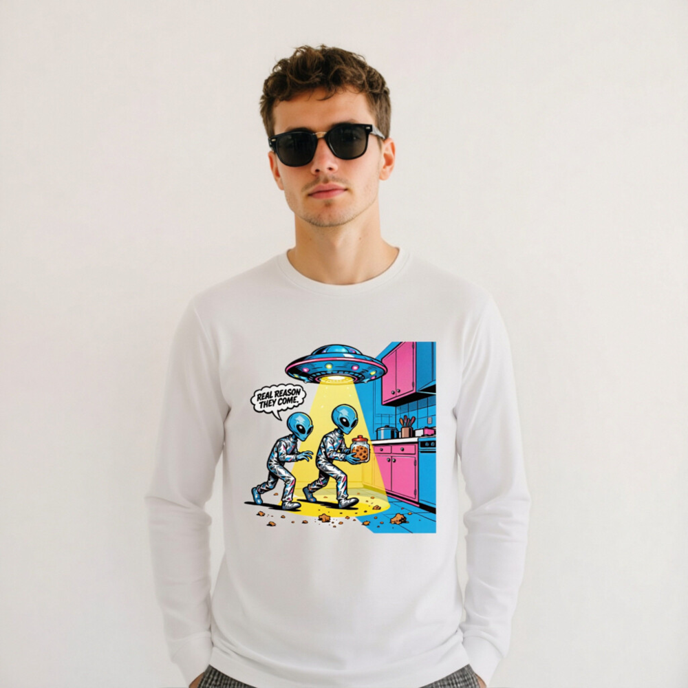 Alien Cookie Theft Unisex Long Sleeve Tee - Retro Sci-Fi Graphic - Image 11