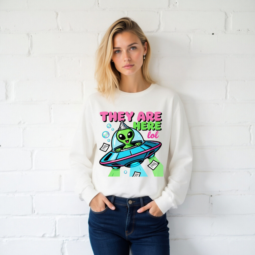 Alien UFO Party Tee - 'They Are Here lol' Unisex Long Sleeve Shirt - Image 2