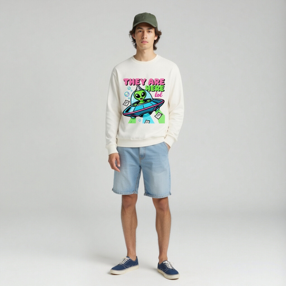 Alien UFO Party Tee - 'They Are Here lol' Unisex Long Sleeve Shirt - Image 3