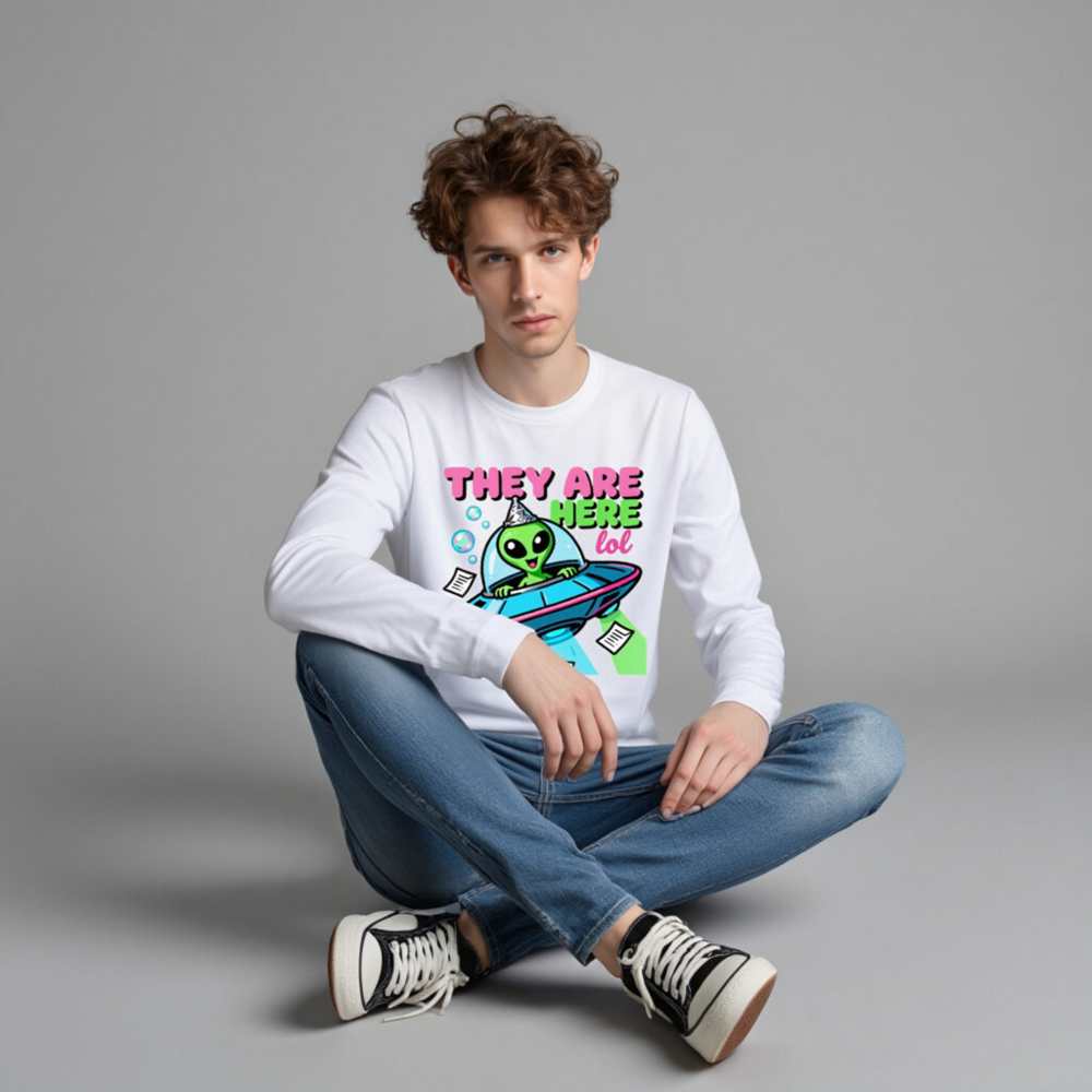 Alien UFO Party Tee - 'They Are Here lol' Unisex Long Sleeve Shirt - Image 4