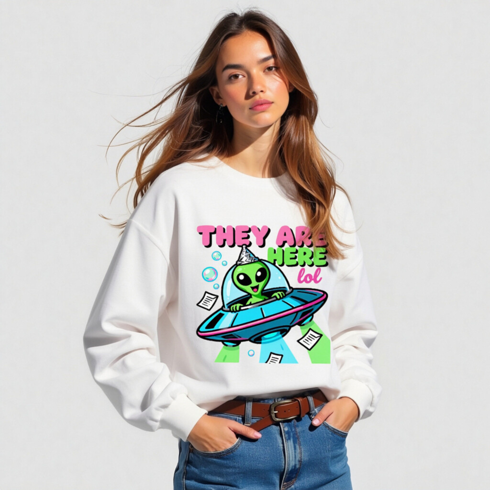 Alien UFO Party Tee - 'They Are Here lol' Unisex Long Sleeve Shirt - Image 5