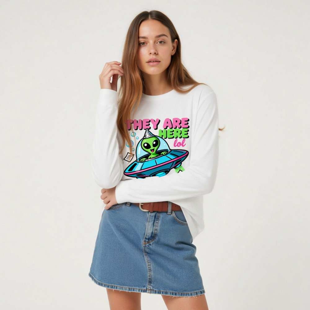 Alien UFO Party Tee - 'They Are Here lol' Unisex Long Sleeve Shirt - Image 8