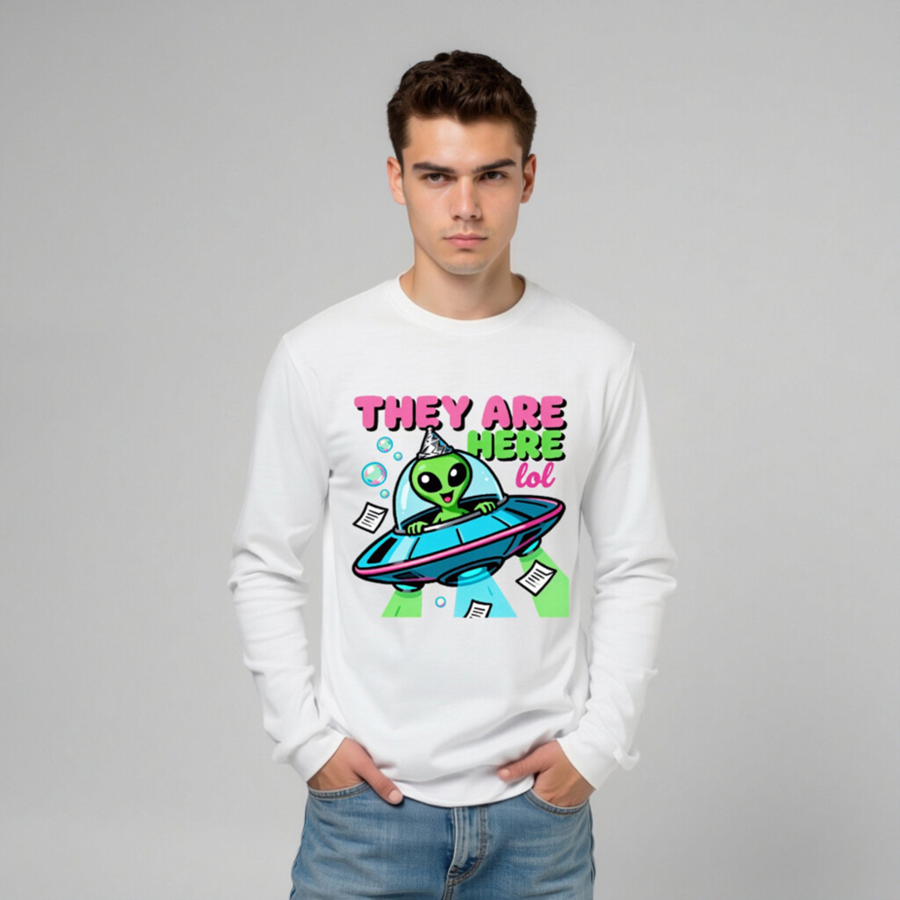 Alien UFO Party Tee - 'They Are Here lol' Unisex Long Sleeve Shirt - Image 10