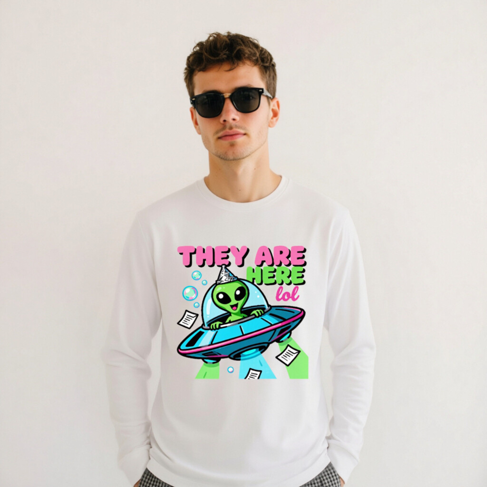 Alien UFO Party Tee - 'They Are Here lol' Unisex Long Sleeve Shirt - Image 11