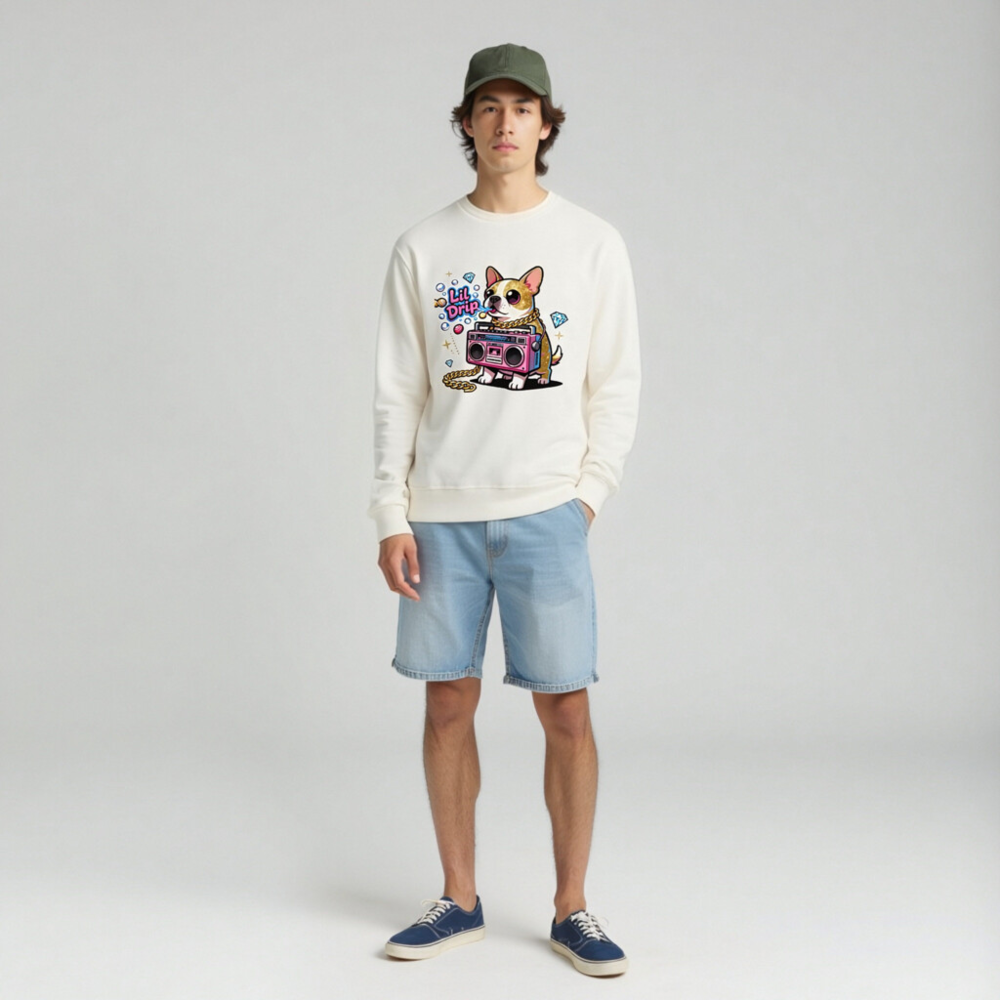 Lil Drip Dog Boombox Unisex Long Sleeve Tee - Pink Gold Chain & Diamonds - Image 3