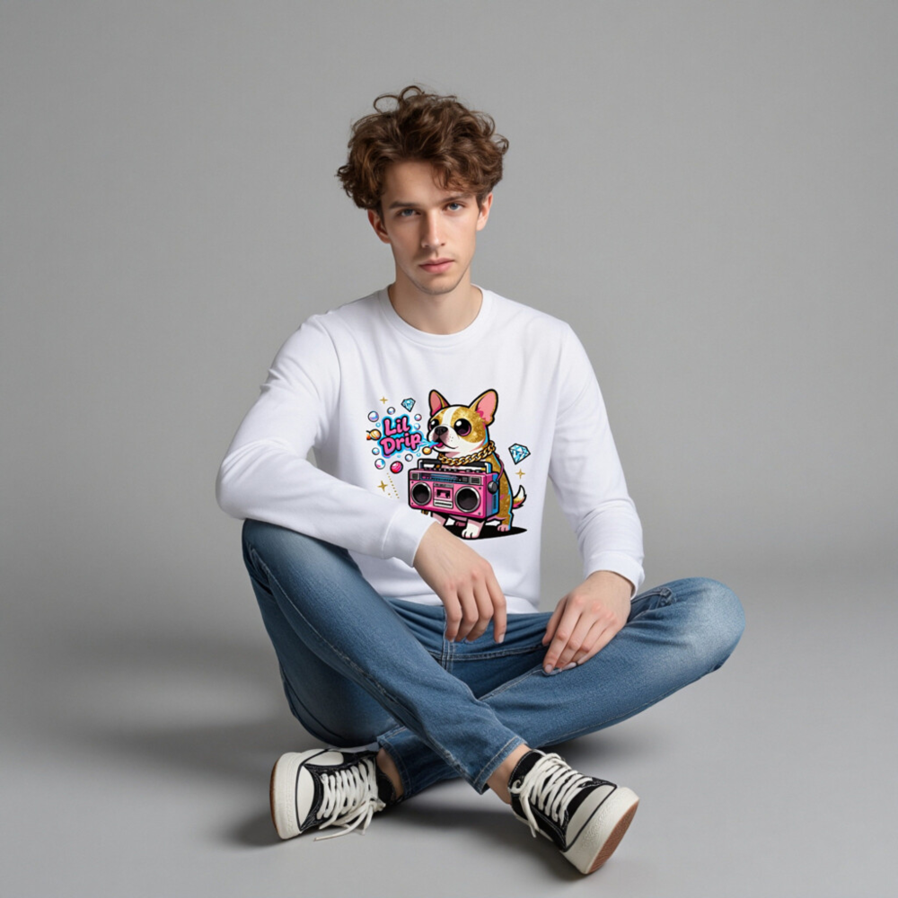 Lil Drip Dog Boombox Unisex Long Sleeve Tee - Pink Gold Chain & Diamonds - Image 4