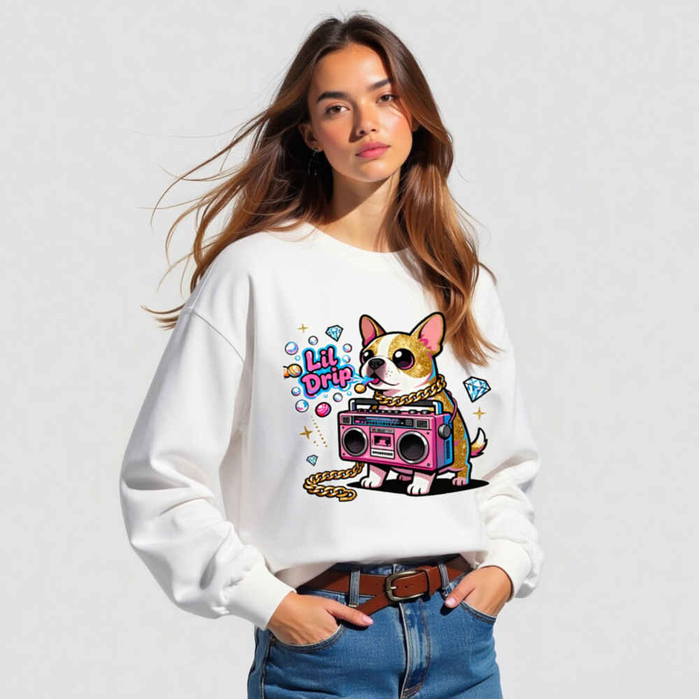 Lil Drip Dog Boombox Unisex Long Sleeve Tee - Pink Gold Chain & Diamonds - Image 5