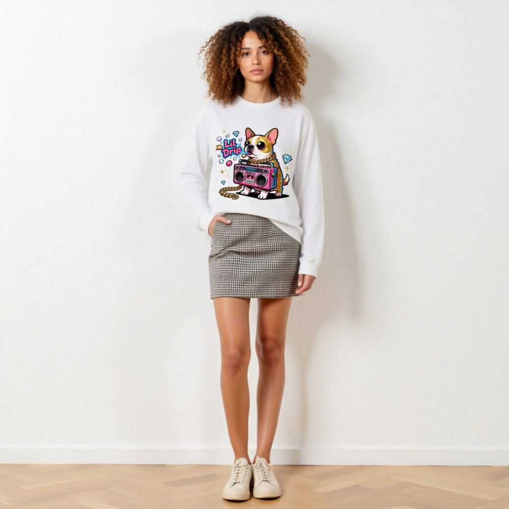 Lil Drip Dog Boombox Unisex Long Sleeve Tee - Pink Gold Chain & Diamonds - Image 6