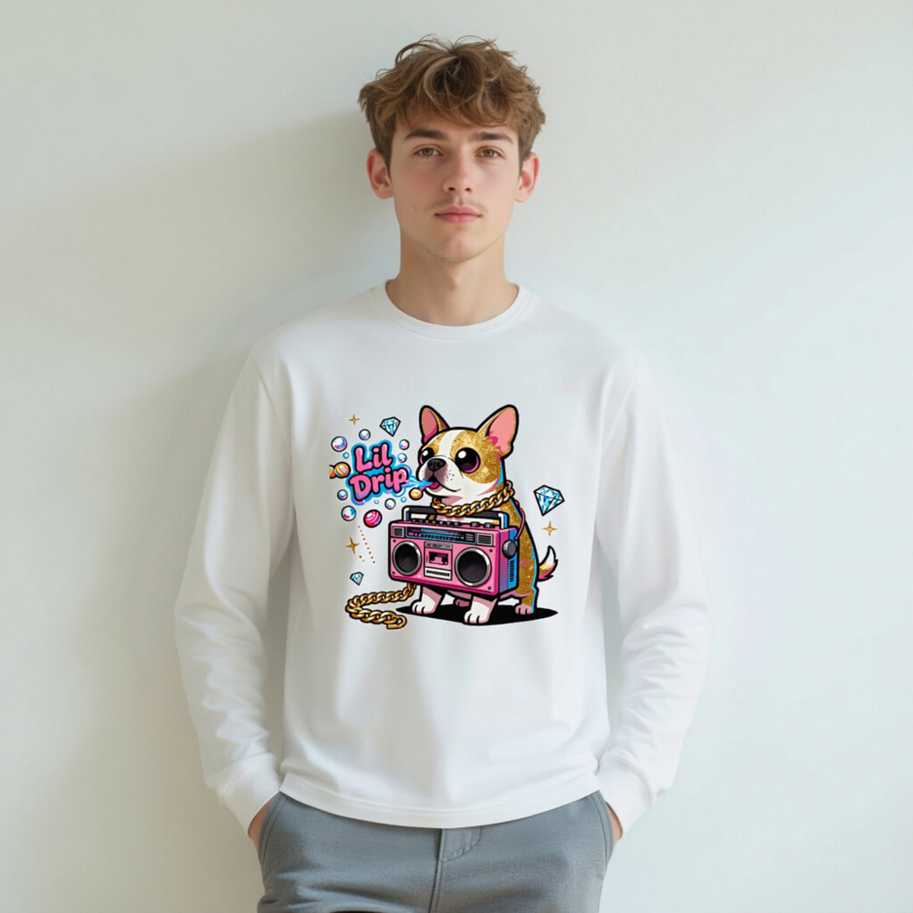 Lil Drip Dog Boombox Unisex Long Sleeve Tee - Pink Gold Chain & Diamonds - Image 7