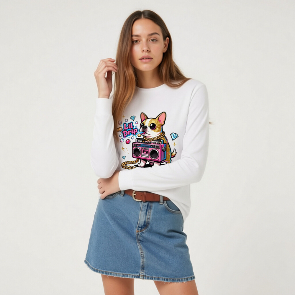 Lil Drip Dog Boombox Unisex Long Sleeve Tee - Pink Gold Chain & Diamonds - Image 8