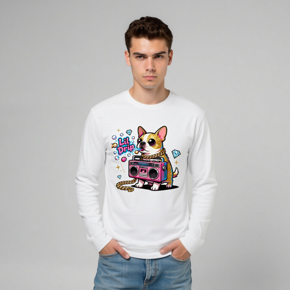 Lil Drip Dog Boombox Unisex Long Sleeve Tee - Pink Gold Chain & Diamonds - Image 10