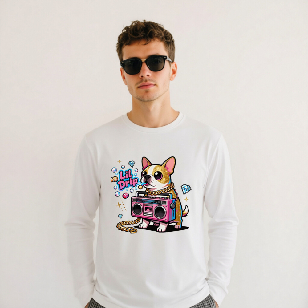 Lil Drip Dog Boombox Unisex Long Sleeve Tee - Pink Gold Chain & Diamonds - Image 11