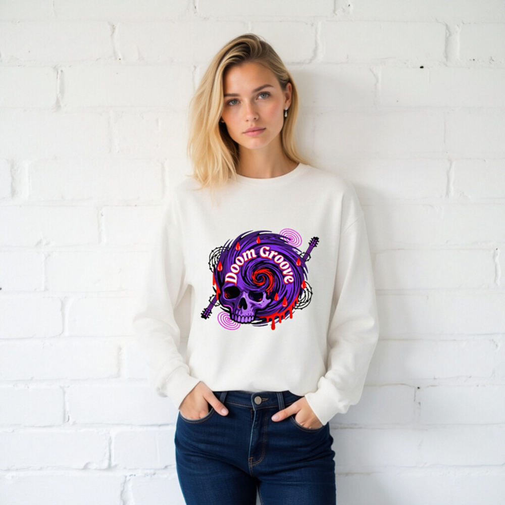 Doom Groove Skull Long Sleeve Tee - Unisex Purple Guitar Skull Design - Image 2