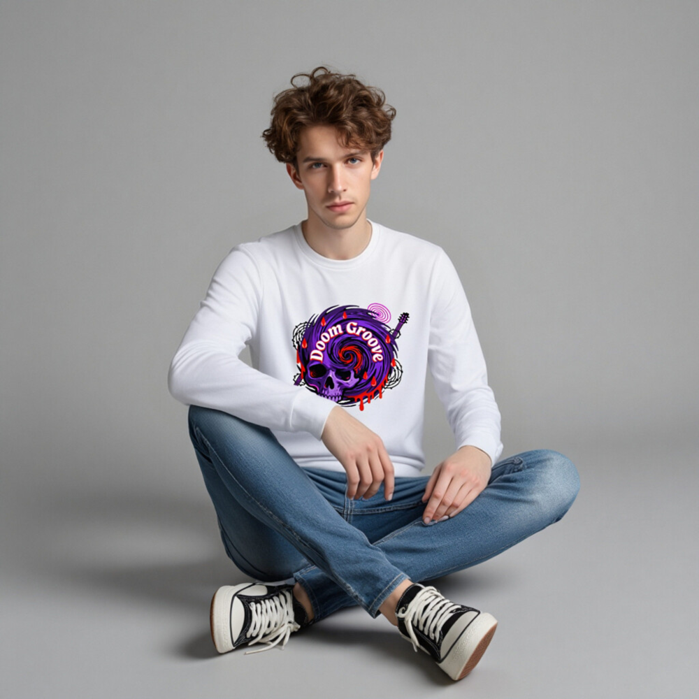 Doom Groove Skull Long Sleeve Tee - Unisex Purple Guitar Skull Design - Image 4