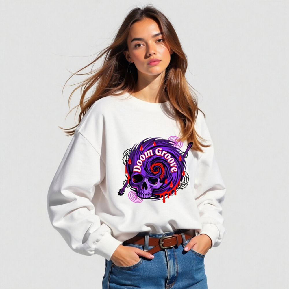 Doom Groove Skull Long Sleeve Tee - Unisex Purple Guitar Skull Design - Image 5