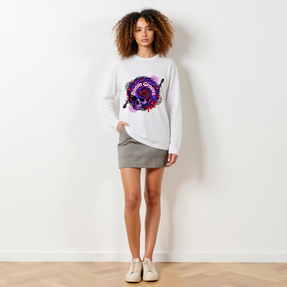 Doom Groove Skull Long Sleeve Tee - Unisex Purple Guitar Skull Design - Image 6