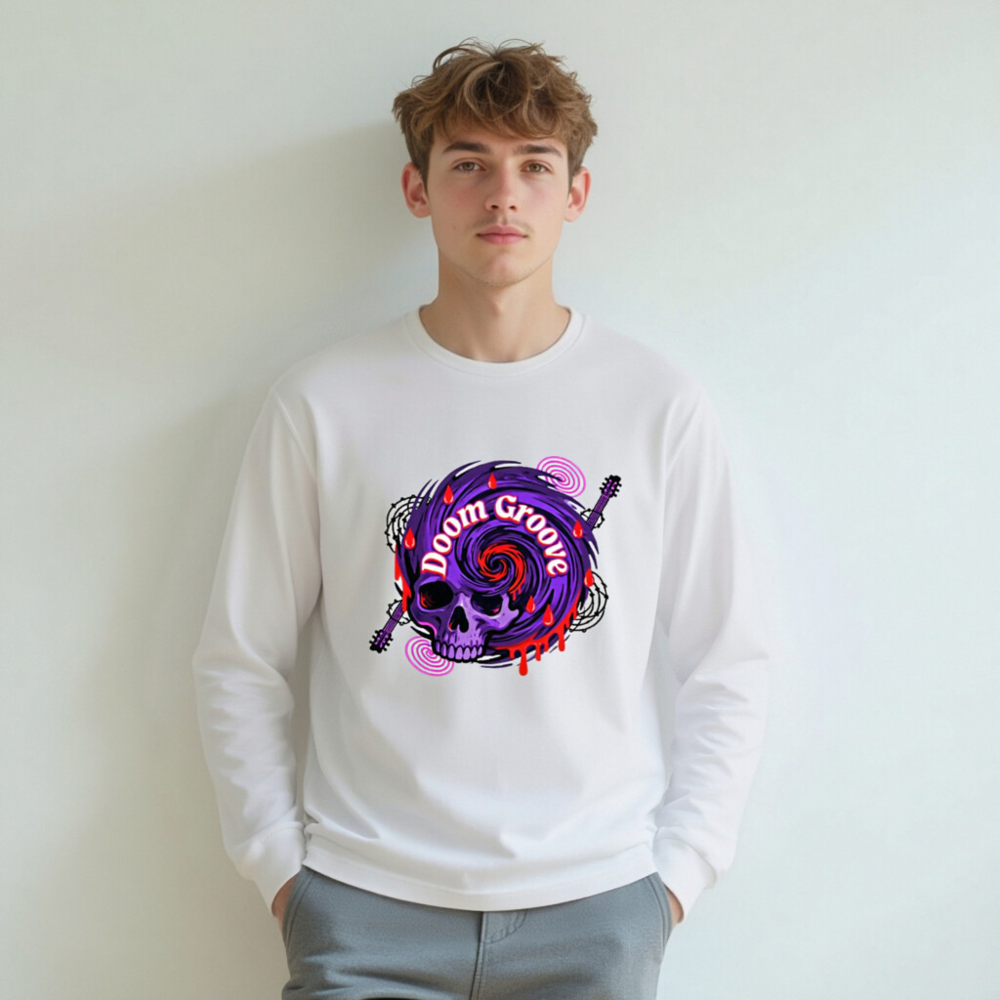 Doom Groove Skull Long Sleeve Tee - Unisex Purple Guitar Skull Design - Image 7